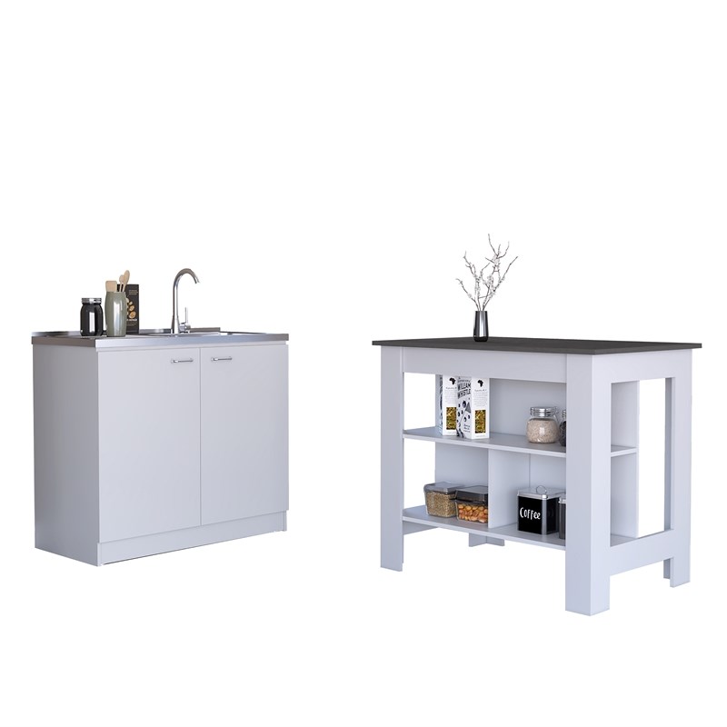 Pemberly Row 2Pc Kitchen Set Kitchen Island & Utility Sink Cabinet White Onyx