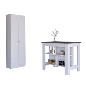Pemberly Row 2 Piece Kitchen Set Kitchen Island and Kitchen Pantry in White Onyx