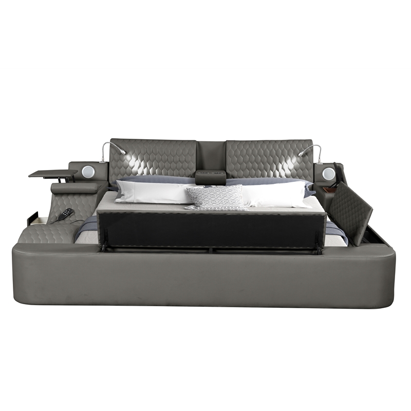 Pemberly Row Smart Multifunctional King Size Bed Made with Wood in Gray