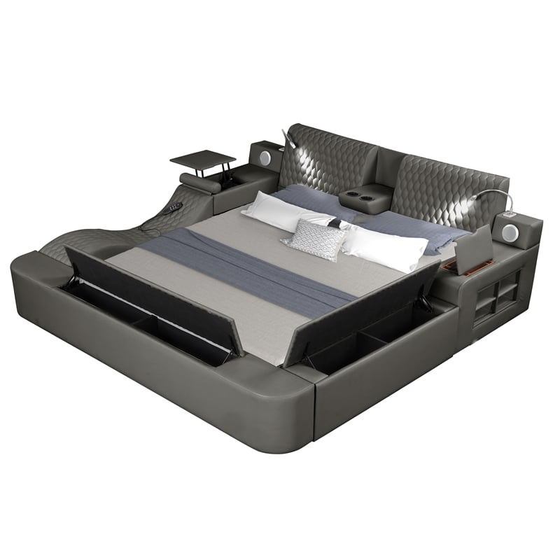 Pemberly Row Smart Multifunctional King Size Bed Made with Wood in Gray