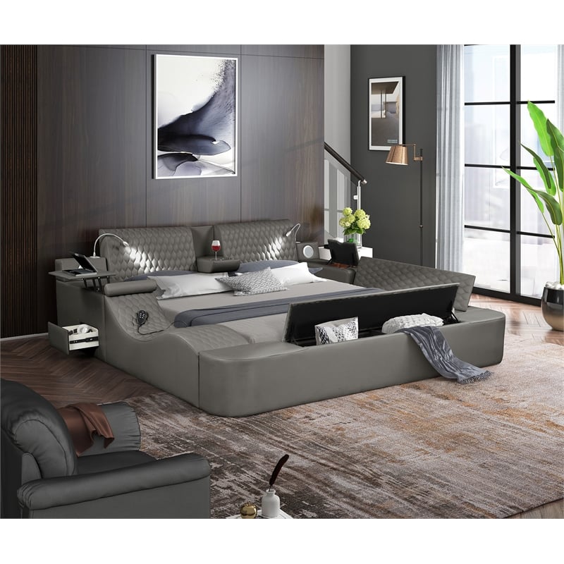 Pemberly Row Smart Multifunctional King Size Bed Made with Wood in Gray