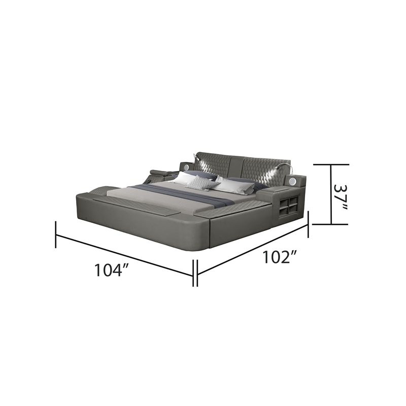 Pemberly Row Smart Multifunctional King Size Bed Made with Wood in Gray