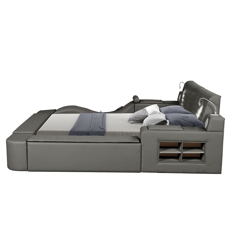 Pemberly Row Smart Multifunctional King Size Bed Made with Wood in Gray