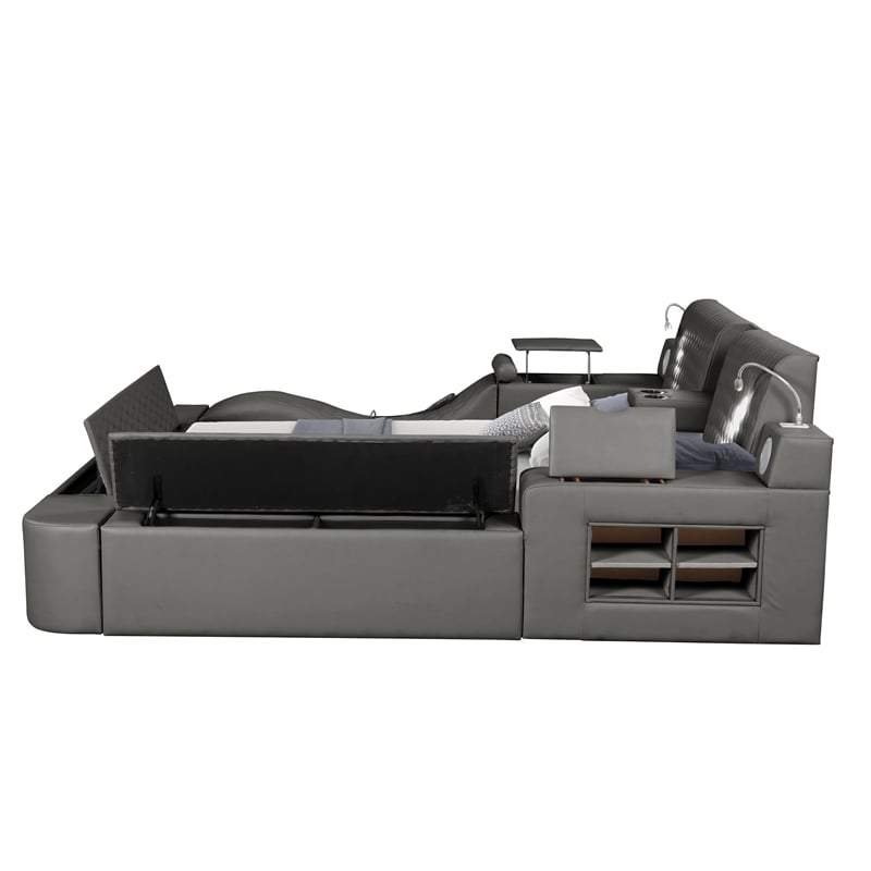 Pemberly Row Smart Multifunctional King Size Bed Made with Wood in Gray