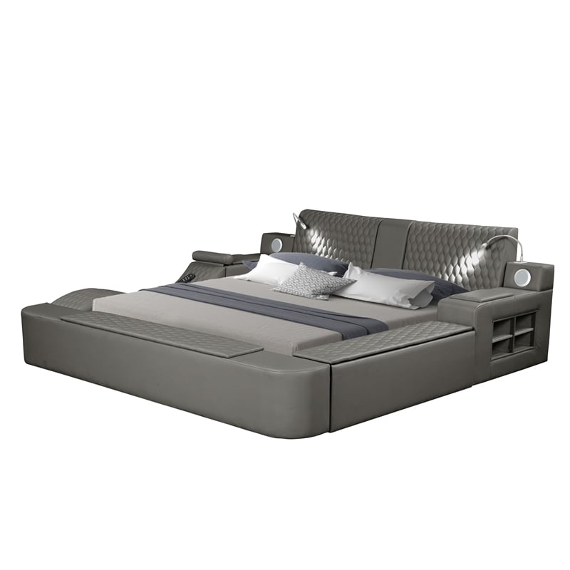 Pemberly Row Smart Multifunctional King Size Bed Made with Wood in Gray