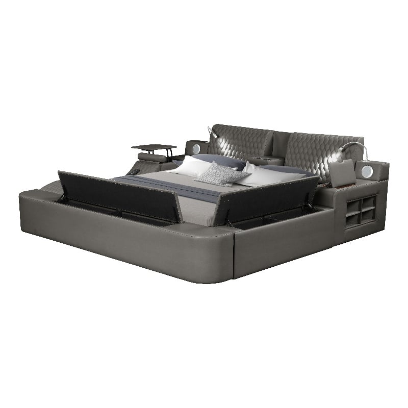 Pemberly Row Smart Multifunctional King Size Bed Made with Wood in Gray