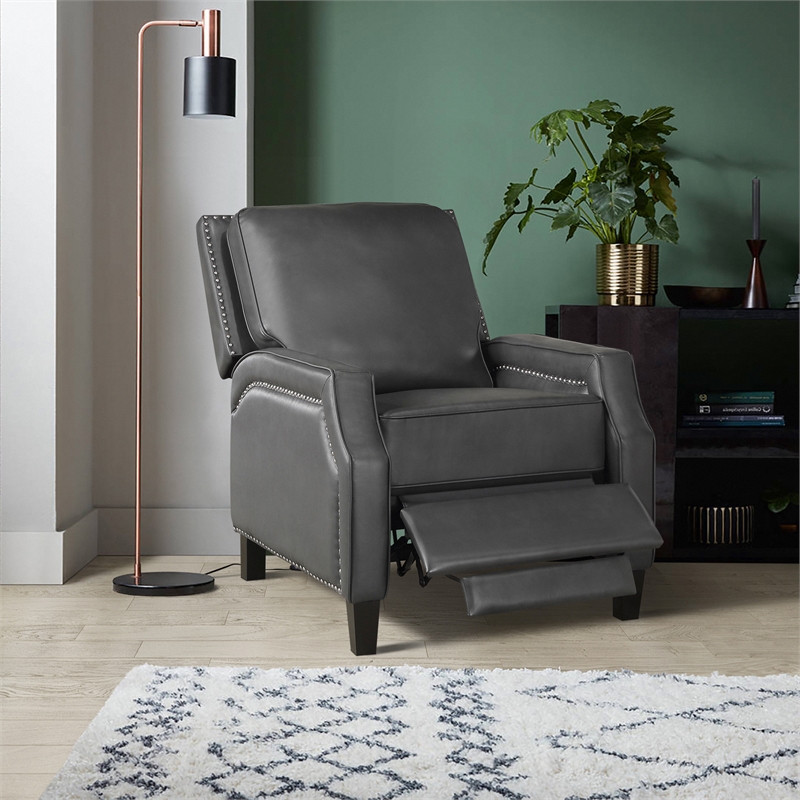 Pemberly Row Faux Leather Upholstered Push Back Recliner in Gray