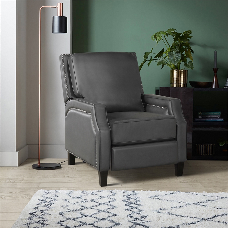 Pemberly Row Faux Leather Upholstered Push Back Recliner in Gray