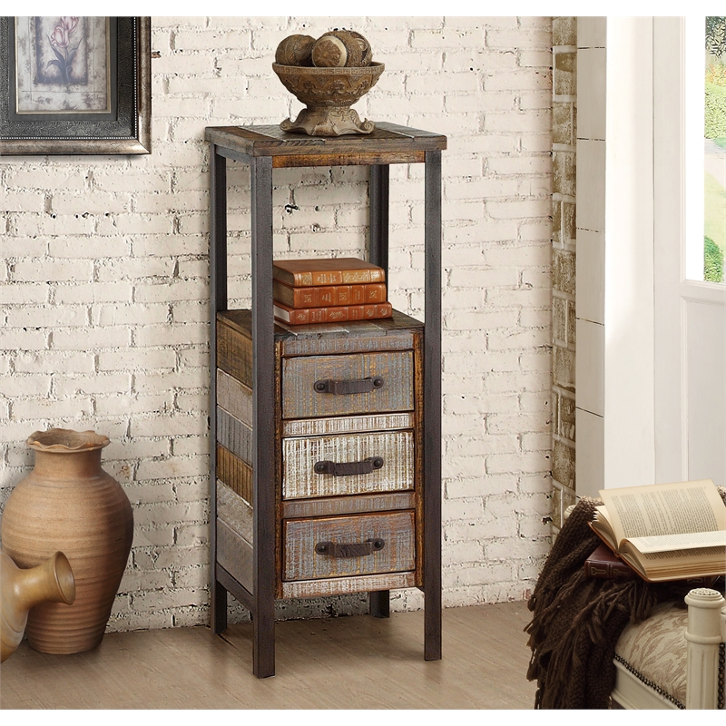 Pemberly Row Transitional Farmhouse Solid Wood/Iron Tower Table in Beige