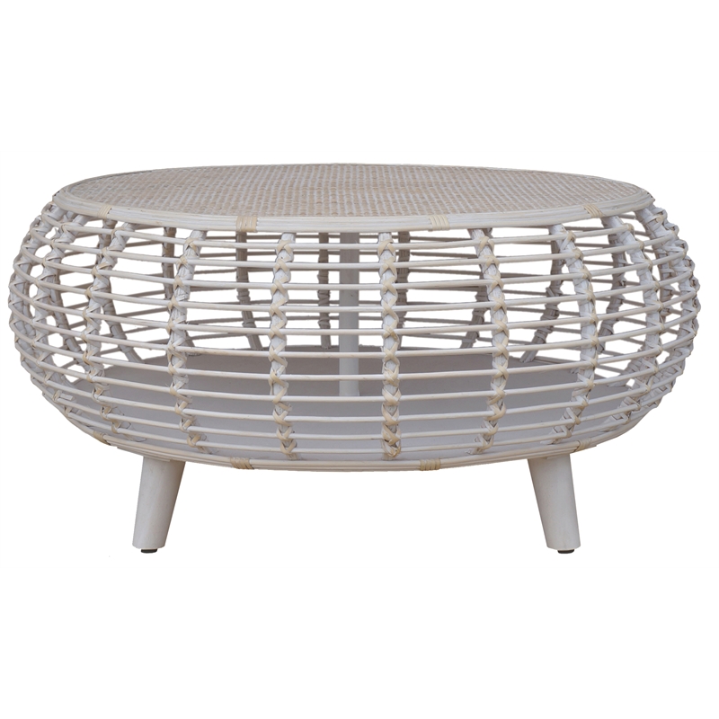 Pemberly Row Transitional Rattan Coffee Table in Whitewashed/Espresso
