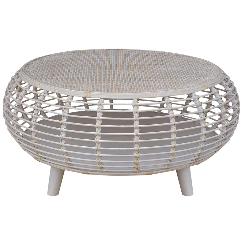 Pemberly Row Transitional Rattan Coffee Table in Whitewashed/Espresso