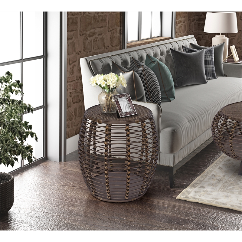 Pemberly Row Modern Transitional Rattan End Table in Espresso/Gray