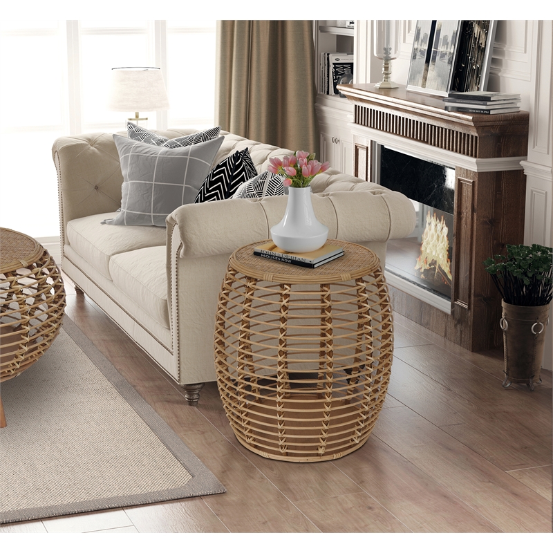 Pemberly Row Transitional Rattan End Table in Natural/Espresso