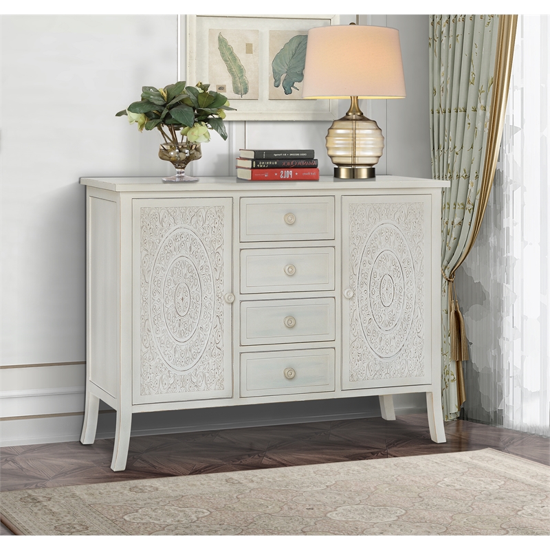Pemberly Row Antiqued Carved Large Transitional Wood Cabinet in White