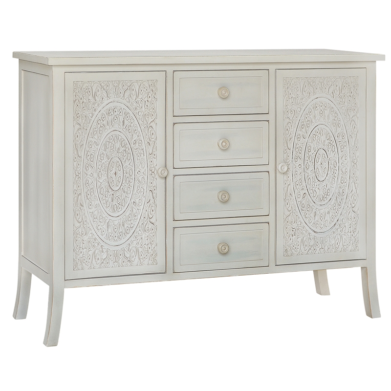 Pemberly Row Antiqued Carved Large Transitional Wood Cabinet in White