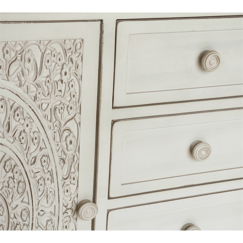 Pemberly Row Antiqued Carved Large Transitional Wood Cabinet in White