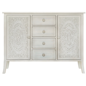Pemberly Row Antiqued Carved Large Transitional Wood Cabinet in White