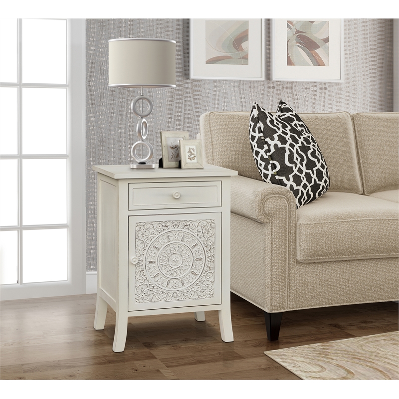 Pemberly Row Antiqued Carved Transitional Wood Side Table in White