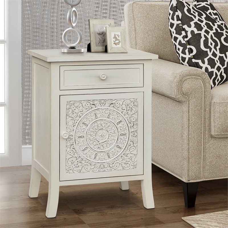 Pemberly Row Antiqued Carved Transitional Wood Side Table in White