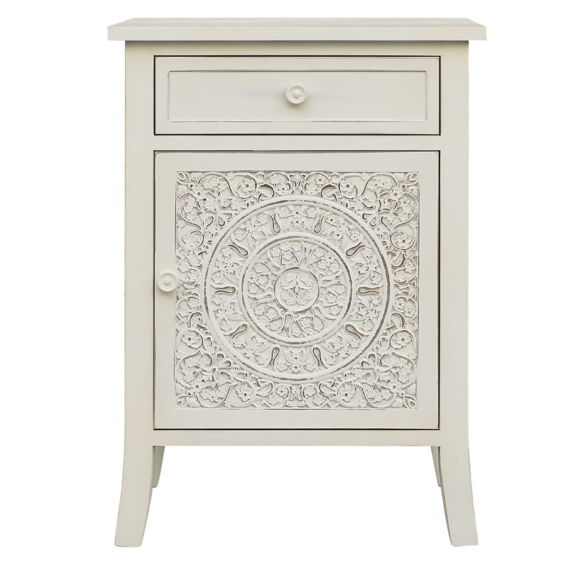 Pemberly Row Antiqued Carved Transitional Wood Side Table in White