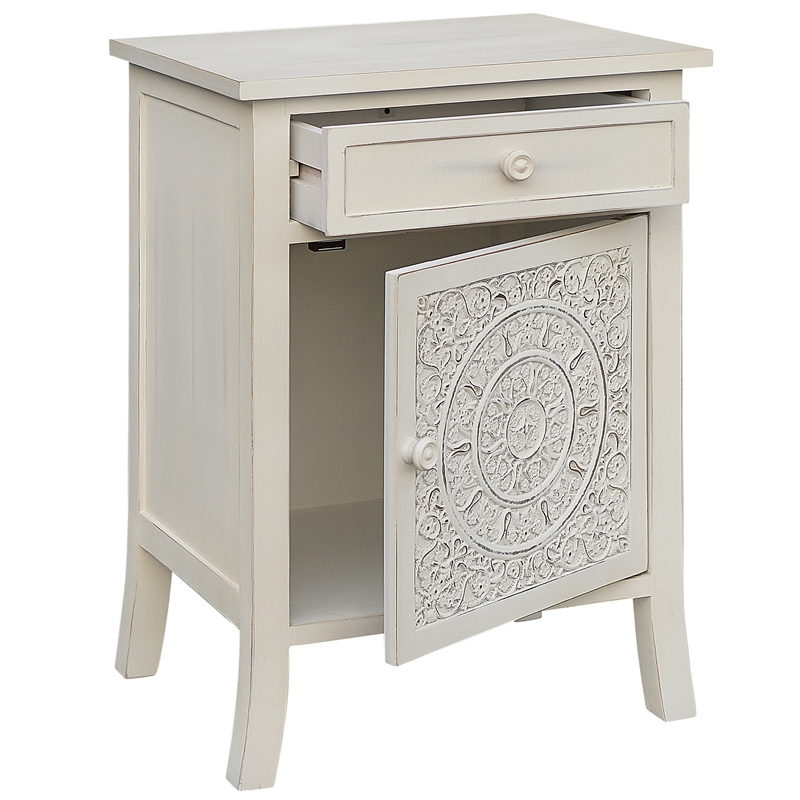 Pemberly Row Antiqued Carved Transitional Wood Side Table in White