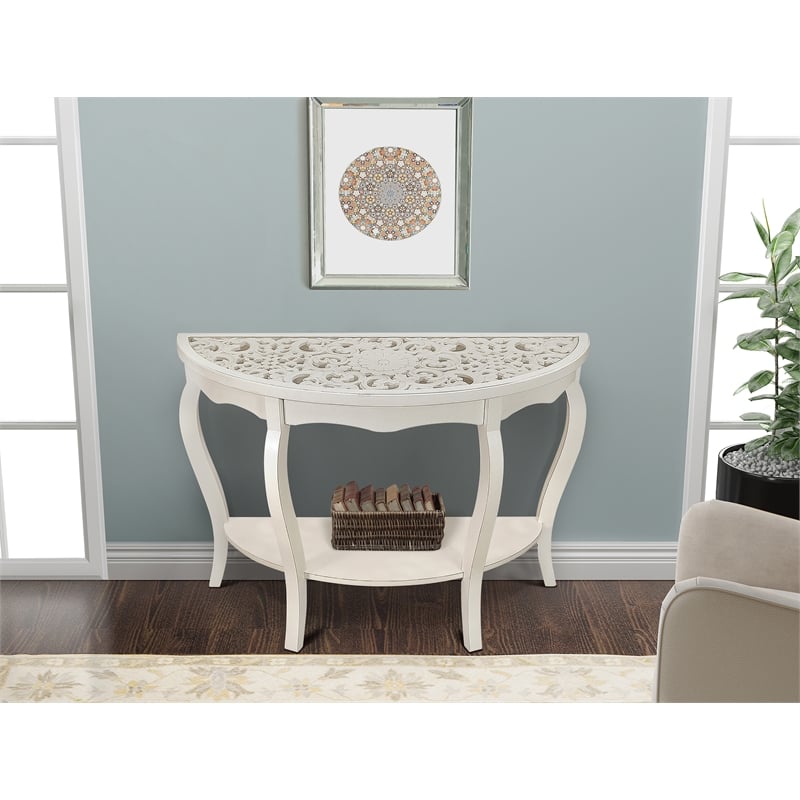 Pemberly Row Antiqued Carved Transitional Wood/Glass Console Table in White