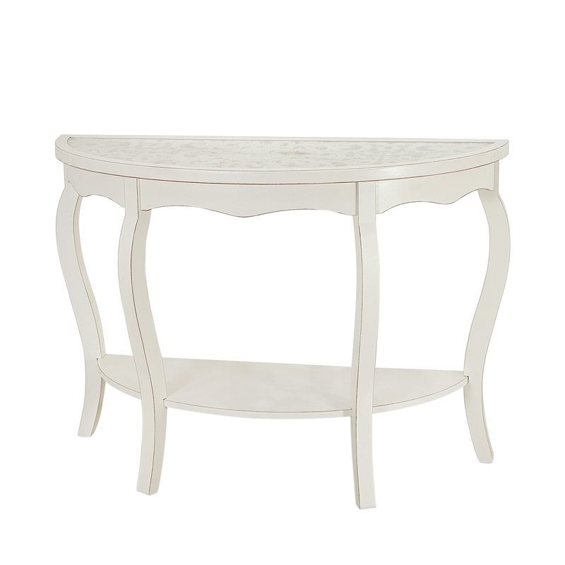 Pemberly Row Antiqued Carved Transitional Wood/Glass Console Table in White