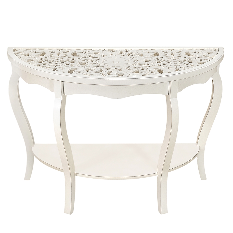 Pemberly Row Antiqued Carved Transitional Wood/Glass Console Table in White