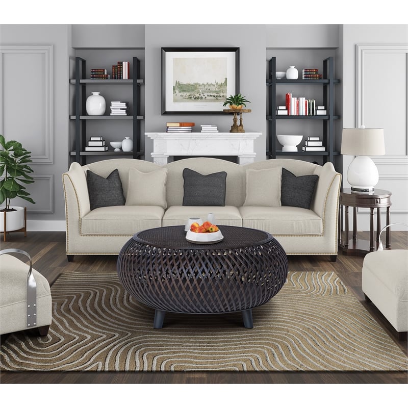 Pemberly Row Round Transitional Rattan Coffee Table in Brown