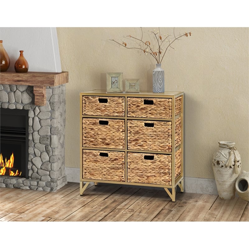 Pemberly Row Modern Transitional 6-Drawer Metal Cabinet in Natural