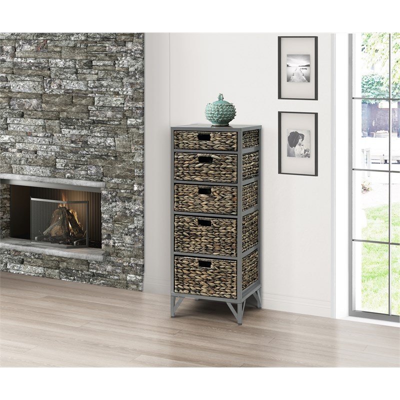 Pemberly Row Modern Transitional 5-Drawer Metal/Wood Tower in Gray