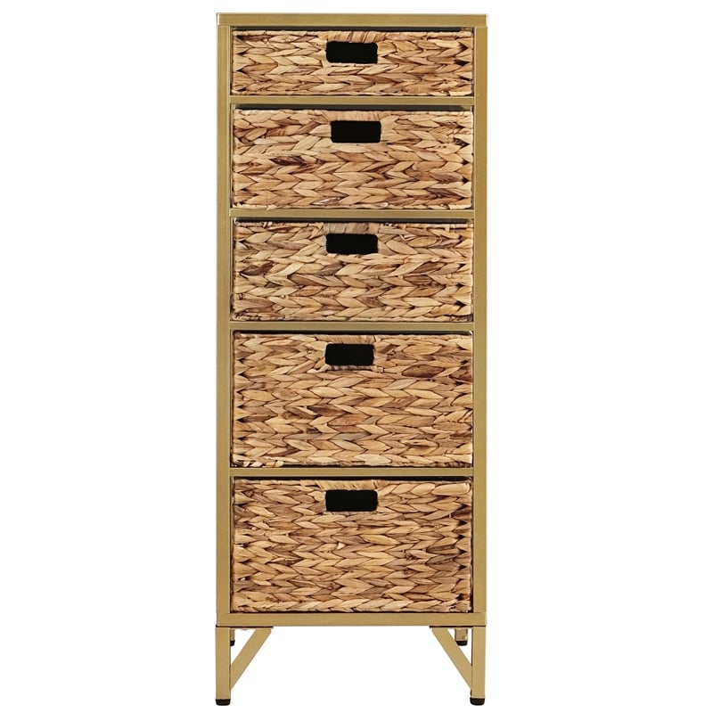 Pemberly Row 5-Drawer Transitional Metal/Wood Tower in Natural