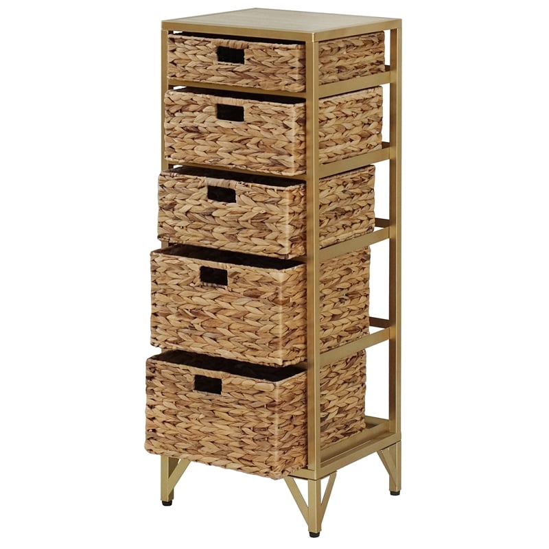 Pemberly Row 5-Drawer Transitional Metal/Wood Tower in Natural
