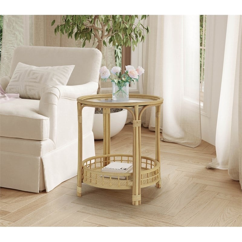 Pemberly Row Transitional Rattan/Glass Side Table in Natural