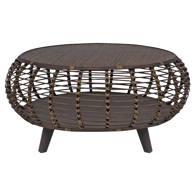 Pemberly Row Modern Transitional Rattan Coffee Table in Espresso