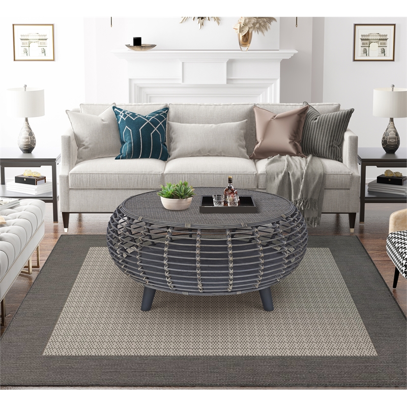 Pemberly Row Transitional Rattan Coffee Table in Gray/Espresso
