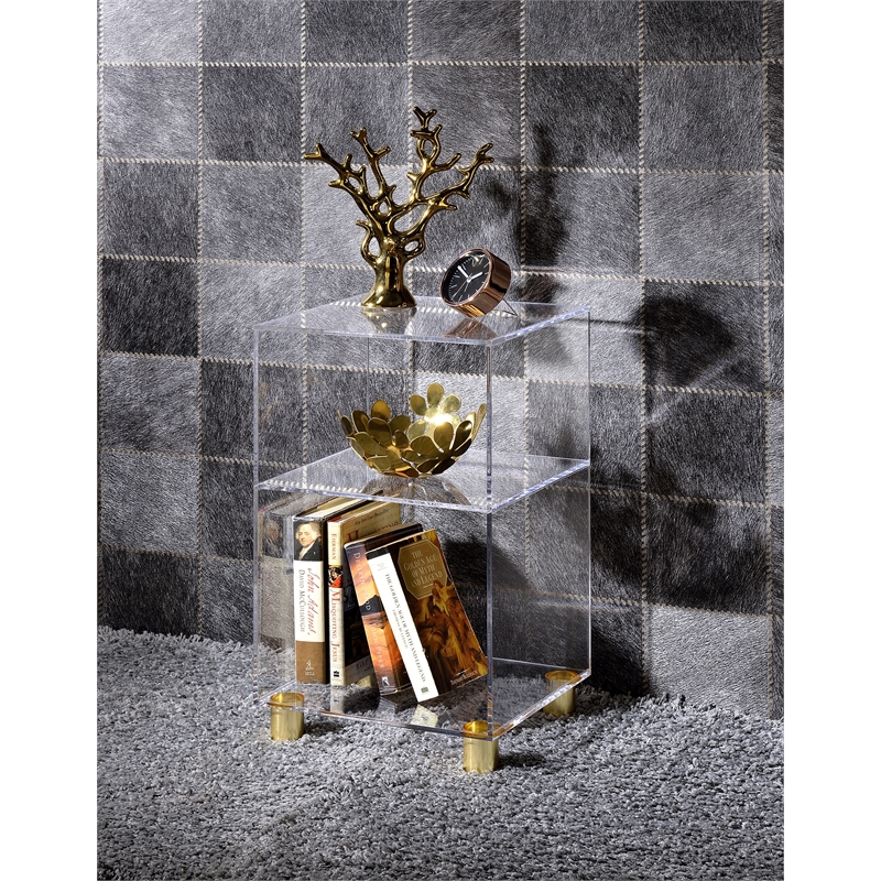 Pemberly Row Lucite and Acrylic End Table w/ 4 Gold Legs in Clear