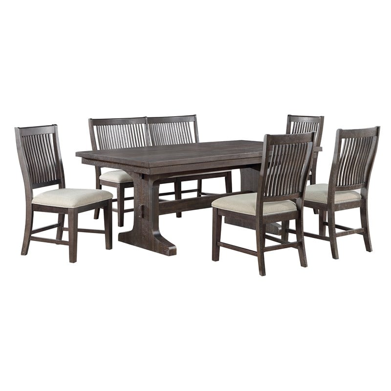 Pemberly Row Rustic Brown Wood 6pc Dining Set with Beige Chairs and Bench