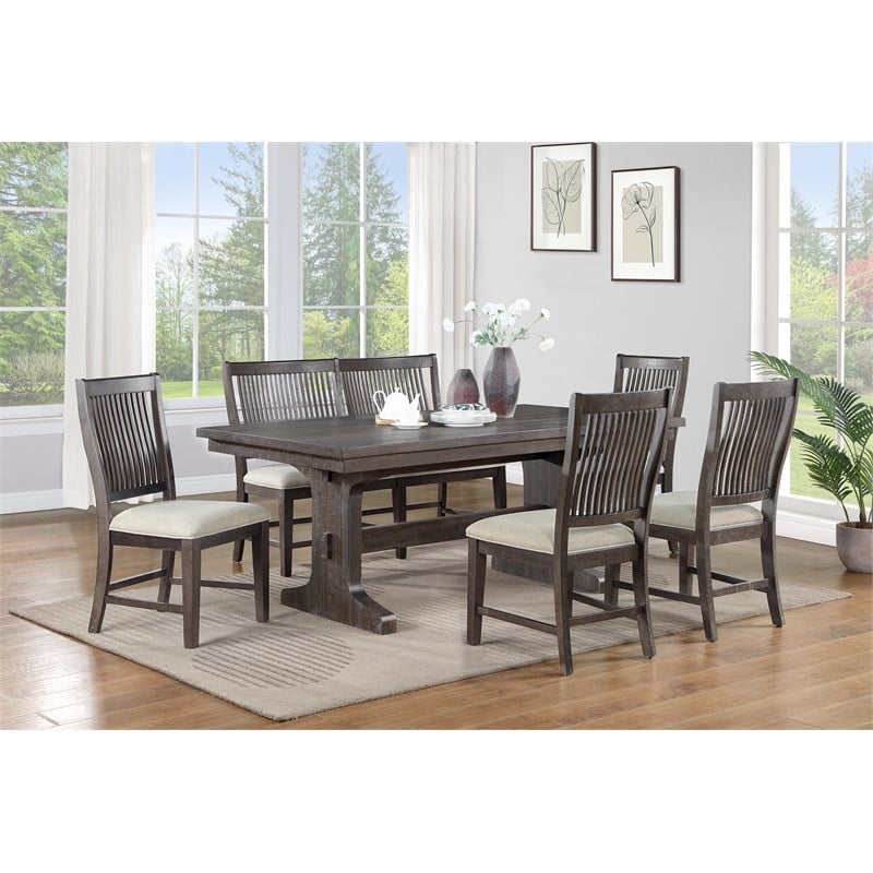 Pemberly Row Rustic Brown Wood 6pc Dining Set with Beige Chairs and Bench