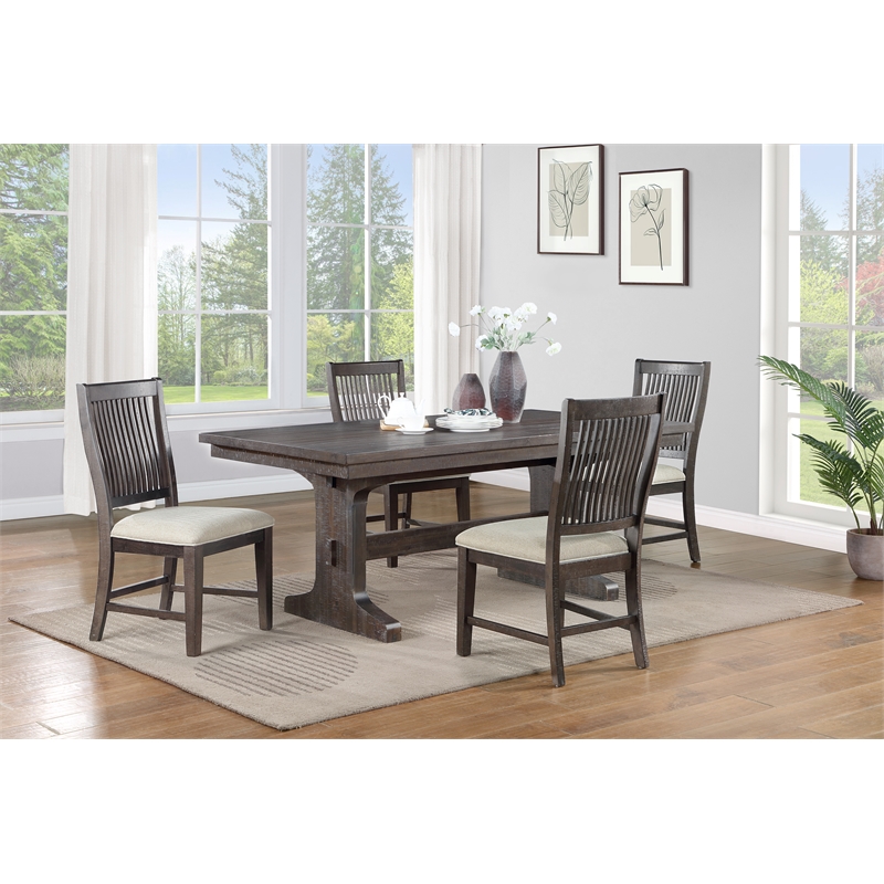 Pemberly Row Rustic Brown Wood 5pc Dining Set with Beige Chairs