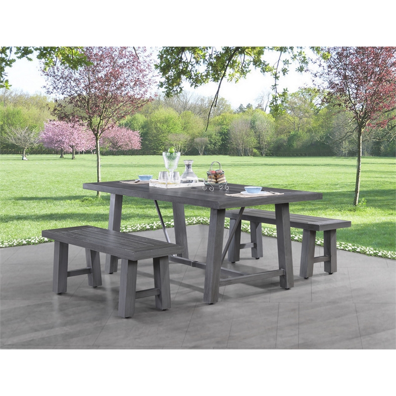 Pemberly Row Gray Outdoor Patio Dining Set in Aluminum and 2 Benches