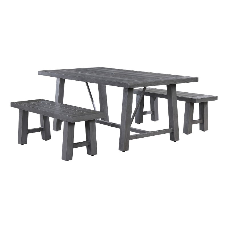 Pemberly Row Gray Outdoor Patio Dining Set in Aluminum and 2 Benches