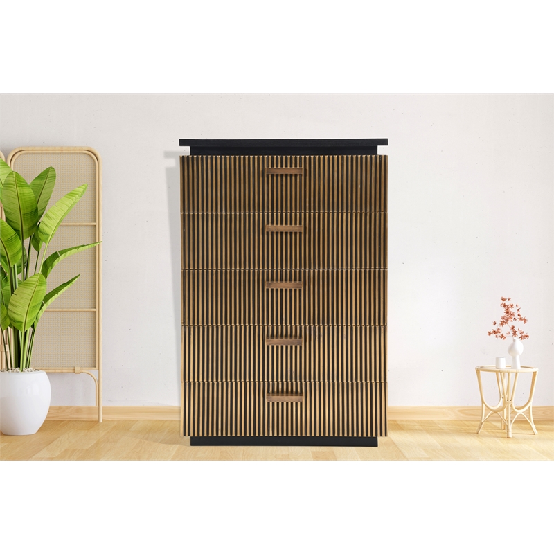 Pemberly Row Modern 5-Drawer Chest Made with Wood in Black/Gold