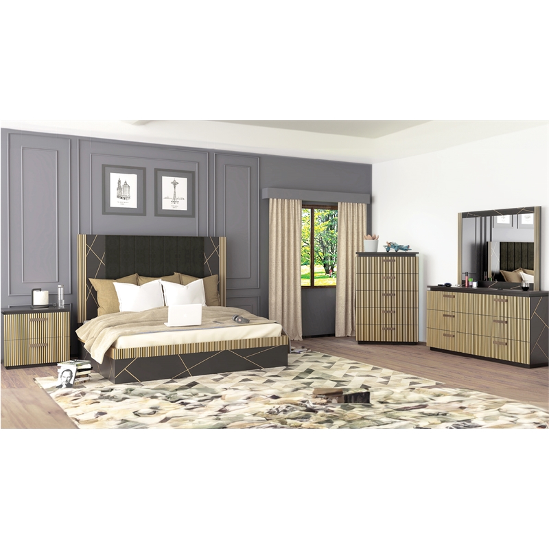 Pemberly Row Modern 5-Drawer Chest Made with Wood in Black/Gold