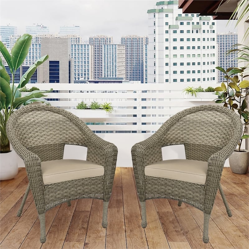 Pemberly Row Contemporary Wicker Patio Chair in Gray and Tan (Set of 2)