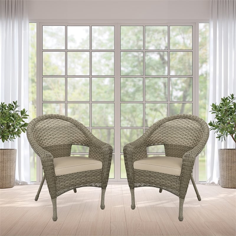 Pemberly Row Contemporary Wicker Patio Chair in Gray and Tan (Set of 2)