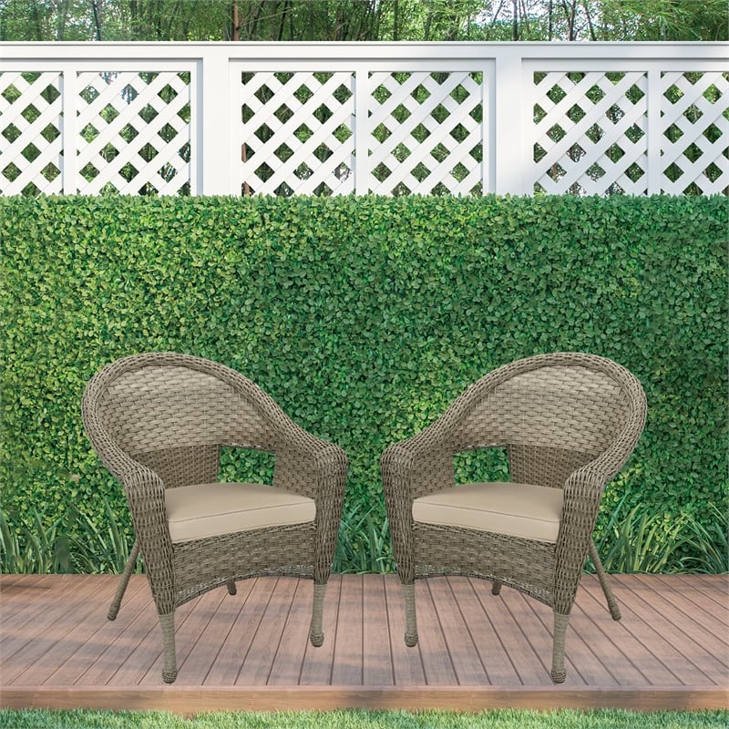 Pemberly Row Contemporary Wicker Patio Chair in Gray and Tan (Set of 2)