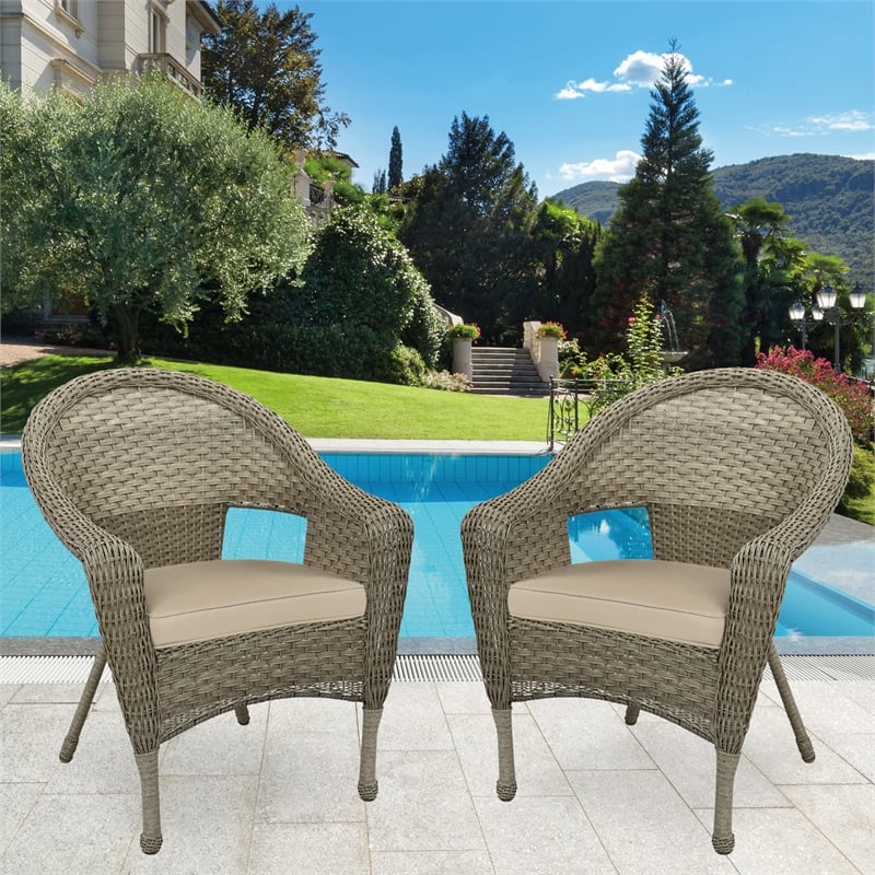Pemberly Row Contemporary Wicker Patio Chair in Gray and Tan (Set of 2)