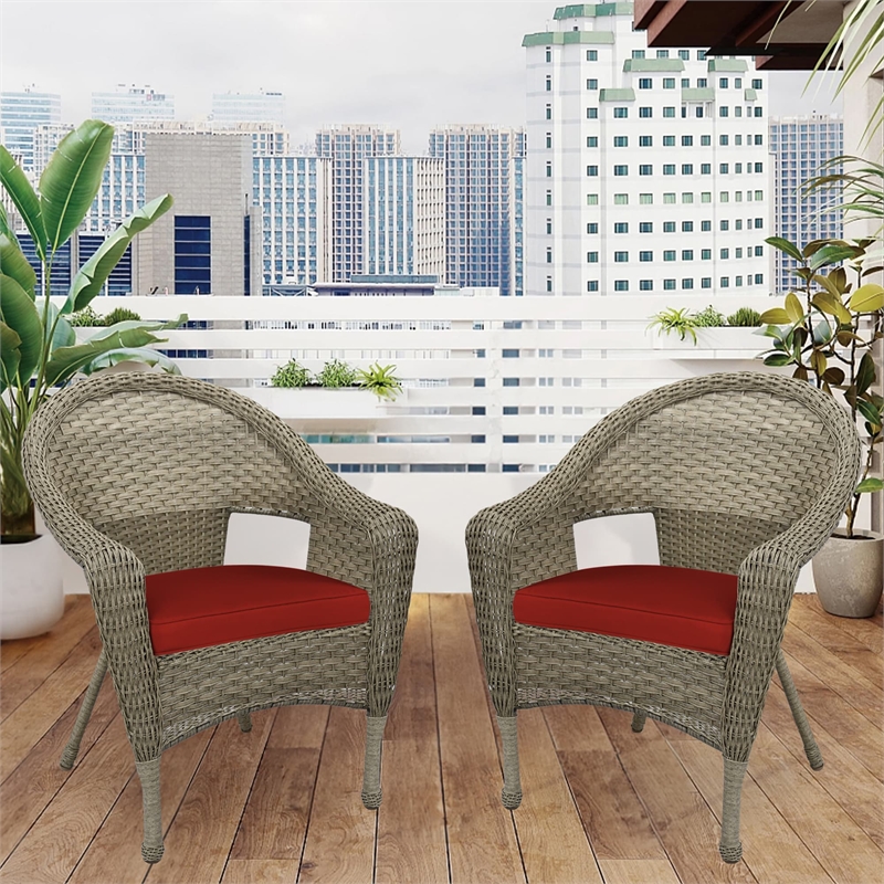 Pemberly Row Wicker Patio Chair in Gray and Brick Red (Set of 2)