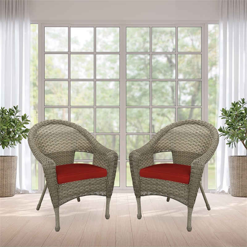 Pemberly Row Wicker Patio Chair in Gray and Brick Red (Set of 2)